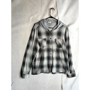 BKE Hooded Shirt Women Multicolor Plaid Knitted Stretch Double Pockets Button Up